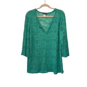 Jordan Taylor Green V Neck Lace Tunic Dress Sheer Cover Up Swim Beach Large